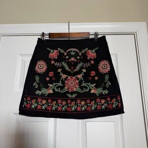 Miami Black Skirt with Red and Green Floral Embroidery Summer Vacation Spring